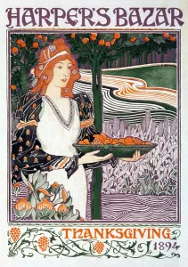 Graphic Design Prints: Thanksgiving, Harper's Bazar magazine cover showing a woman holding bowl of fruit