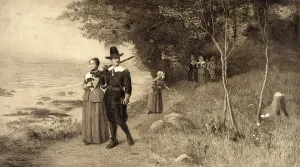 Thanksgiving Prints: Thanksgiving, Pilgrims holding bibles, circa 1800s