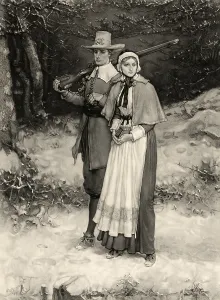 Thanksgiving Prints: Thanksgiving, print showing a Puritan husband and wife walking through snow on their way to church