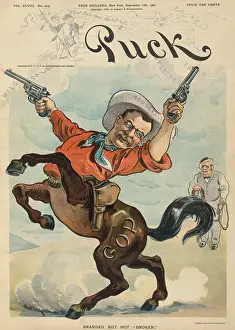 Governor Prints: Theodore Roosevelt as a bucking bronco firing two revolvers