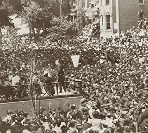 Speakers Platform Prints: Theodore Roosevelt on a platform speaking to a large group