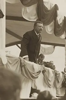 Bunting Prints: Theodore Roosevelt speaking at from a bunting draped platform in Worcester