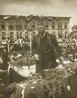 Three Quarter Prints: Theodore Roosevelt speaking to a large crowd at the Alamo