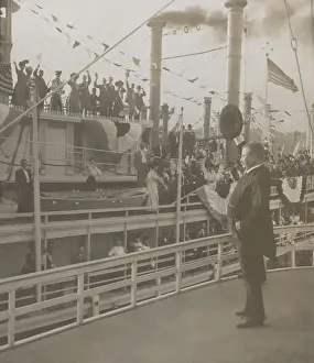 Public Event Prints: Theodore Roosevelt waving to passengers on another ship