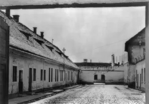 War 2 Prints: Theresienstadt concentration camp with sign Arbeit macht frei, (Work makes you free)
