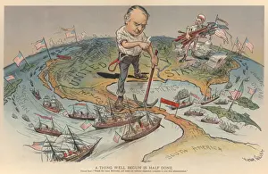 Tools Prints: A THING WELL BEGUN IS HALF DONE, JUDGE Magazine political cartoon, Oct. 7, 1899