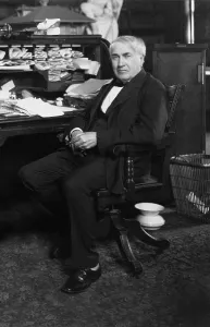 Edison Prints: Thomas A. Edison (1847-1931) at his desk in his West Orange