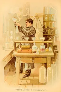 Edison Prints: Thomas A. Edison (1847-1931), in his Menlo Park, New Jersey research laboratory. Ca. 1880