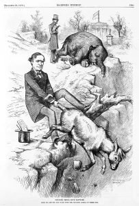 Election Prints: Thomas F. Bayard holding on to tail of Democratic donkey and the Republican elephant; the White House in background