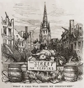 Wall Street Prints: Thomas Nast cartoon of New York City's Wall Street in ruins with dead bulls piled behind a sign reading