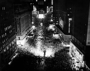 Times Square Prints: Thousands of people celebrating the end of a brownout in Times Square