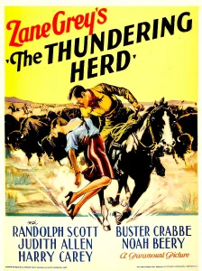 Cattle Prints: THE THUNDERING HERD, from left: Judith Allen, Randolph Scott on midget window card, 1933