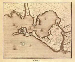 Harbors Prints: Tile of the 18th century with scene of boats in a harbor