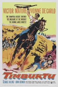 Arm Raised Prints: TIMBUKTU, l-r: Victor Mature, Yvonne De Carlo on poster art, 1959