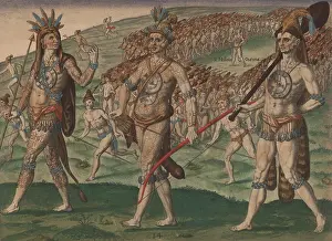 16th Century Prints: Three Timucua vassal chiefs before a large group of warriors in the distance