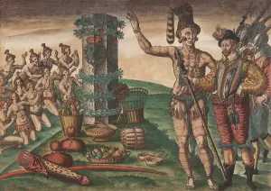 16th Century Prints: Timucuan Indians of Florida kneel at a Jean Ribault's column