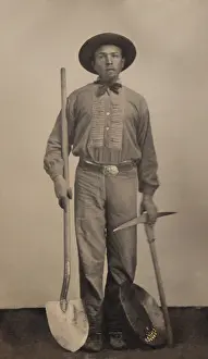 Tools Prints: Tintype portrait of a man with his gold mining equipment
