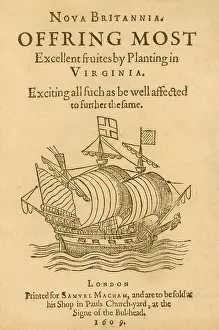 Illustration Prints: This title page of Nova Britannia depicts an ocean-going sailing ship