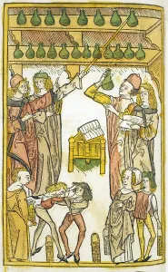 Physicians Prints: Title page to the treatise on urine analysis in the late medieval book