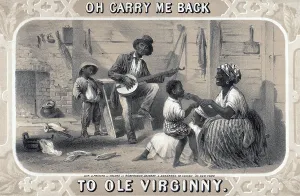 Song Prints: Tobacco package label showing African American banjo player, woman, and children in cabin