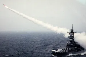 Launches Prints: Tomahawk long-range cruise missile launches from the battleship USS MISSOURI during a weapons training exercise