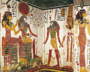 Tomb of Queen Nefertari. EGYPT. Dayr al-Bahri. Valley of the Queens. Tomb of Queen Nefertari. The Queen with gods Ra and Horus. Egyptian art. New Kingdom. Painting
