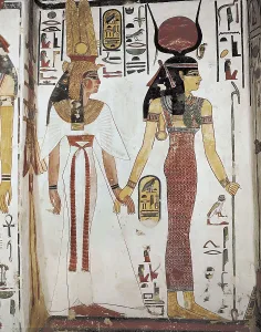 Tomb of Queen Nefertari. EGYPT. Dayr al-Bahri. Valley of the Queens. Tomb of Queen Nefertari. Nefertari with goddess Isis. Egyptian art. New Kingdom. Painting