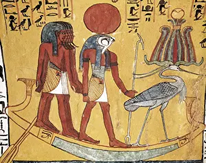 Tomb of Sennedjem. 1306 -1290 BC. EGYPT. Dayr al-Bahri. Valley of the Artisans. Tomb of Sennedjem. God Ra in the boat with the holy ibis. Egyptian art. New Kingdom. Painting