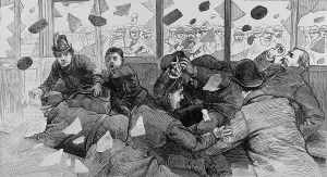 Riots Prints: TOP: Passengers inside a South Boston Street car are showered with broken glasses as strikers throw rocks