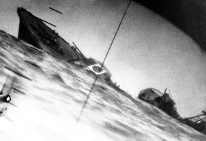 Attacks Prints: Torpedoed Japanese destroyer seen through periscope of USS Wahoo or USS Nautilus during World War 2