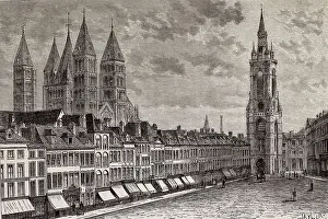 België Prints: Tournai. Gran Place with bell tower and cathedra