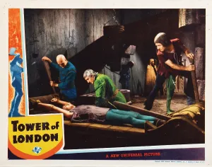Morrauc 1imgs Prints: TOWER OF LONDON, lobbycard, Boris Karloff (bald head), Basil Rathbone (green), 1939