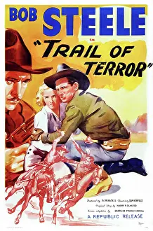 Marion Prints: TRAIL OF TERROR, center: Beth Marion, right: Bob Steele on poster art, 1935
