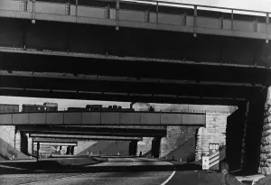 Railroads Prints: Train passing over one of a series of six bridges on the German Autobahn