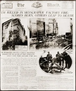 Sweatshops Prints: Triangle Shirtwaist Company fire reported on the front page of The New York World newspaper for March 16
