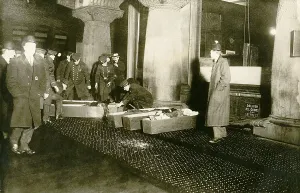 Sidewalk Prints: Triangle Shirtwaist fire victims in coffins on the sidewalk
