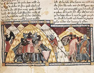 Trojan War. Antenor's captivity. Fol. 69r of the Codex Benito Santa Mora (15th c.). Gothic art. Miniature Painting. SPAIN. San Lorenzo de El Escorial