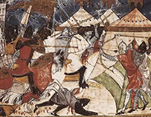 Trojan War. Attack of Trojans to the Greek camp. Upper section of fol. 108r of the Codex Benito Santa Mora (15th c.). Gothic art. Miniature Painting. SPAIN