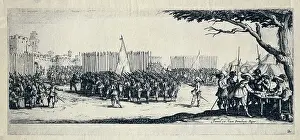 Military Dress Prints: Troop recruitment. Engraving from 'The miseries of war'