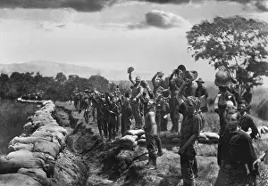 Cuba Prints: US troops cheering the news of the surrender of Santiago, Cuba, on July 16, 1898