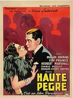 Silhouette Prints: TROUBLE IN PARADISE, l-r: Miriam Hopkins, Herbert Marshall on Belgian poster art, 1932