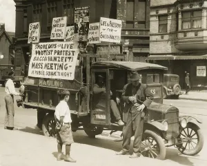 Protesters Prints: Truck with several protest signs five days prior to the executions of Sacco and Vanzetti