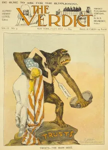 February Prints: TRUST-THE MAIN ISSUE. Anti-trust and anti-Republican Party cartoon by E