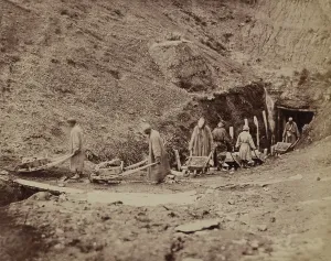 Traditional Prints: Turkestani workers hauling coal from an underground mine extracting coal close to the surface with pre-industrial