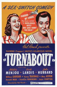 Husband Prints: TURNABOUT, US poster art, from left: Carole Landis, John Hubbard, 1940