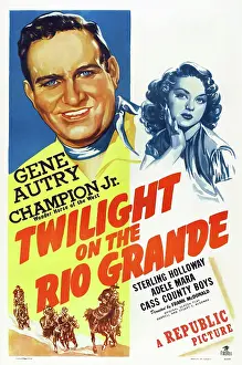 Gene Prints: TWILIGHT ON THE RIO GRANDE, US poster, from left: Gene Autry, Adele Mara, 1947