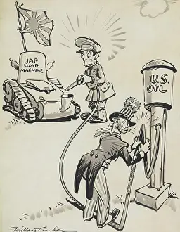 Uncle Sam blocking the flow of an oil pump to a Japan. The U.S. ceased oil exports to Japan in the summer of 1941, after Japanese invaded French Indochina