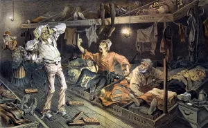 November Prints: Uncle Sam's lodging-house. Print shows an Irishman berating Uncle Sam in a boarding house filled with laborers