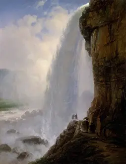 Tourists Prints: UNDERNEATH NIAGARA FALLS, by Ferdinand Richardt, 1862, American painting, oil on canvas