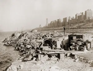 Jobless Prints: An unemployed a man standing near his hut in a New York City shanty town during the Great Depression